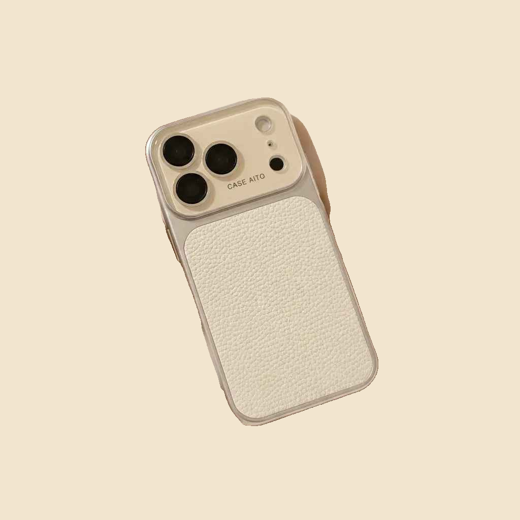 White Urban Zest iPhone case showing textured back and metallic-finish border, angled view